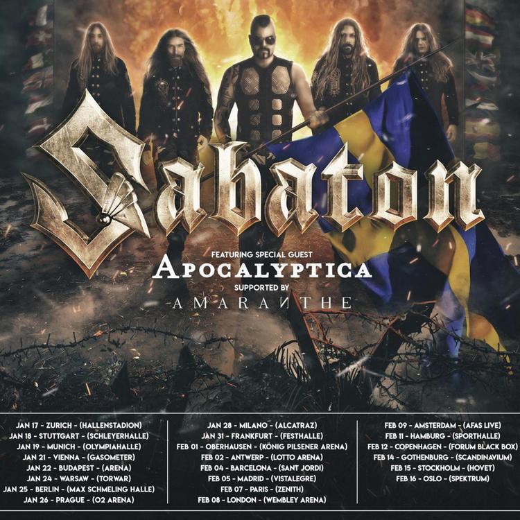 SABATON auf "The Great Tour" durch Europa mit Special Guests APOCALYPTICA & AMARANTHE SABATON auf "The Great Tour" durch Europa mit Special Guests APOCALYPTICA & AMARANTHE